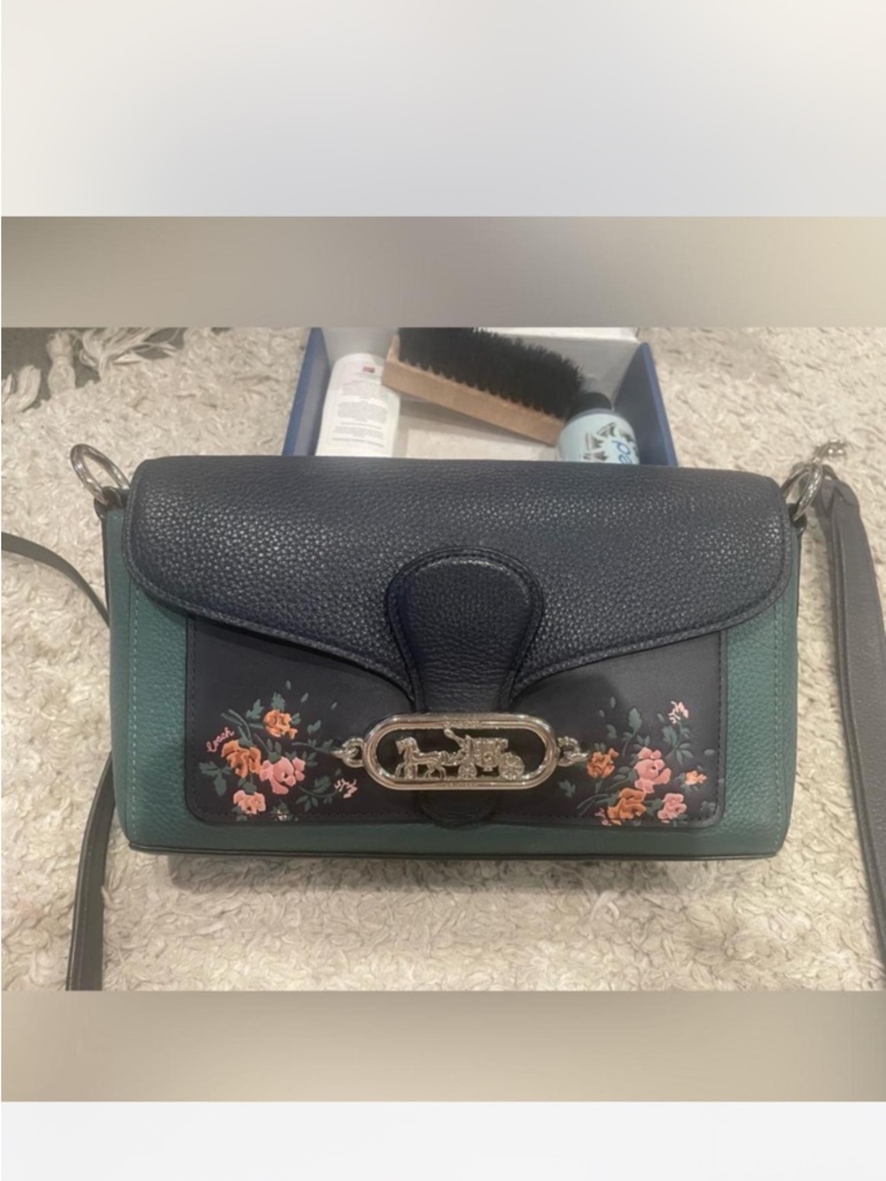 Coach Black and Green Floral Leather Shoulder Bag